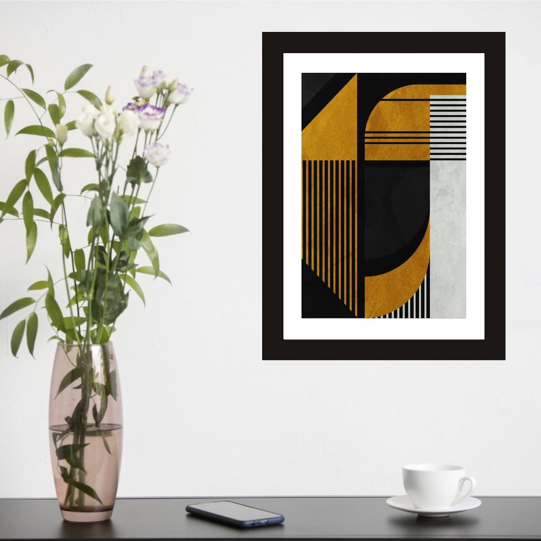 CRAFT QUEST Abstract Digital Geometric Modern Art Painting Poster Frame for Home & Office Wall Decoration - Portrait, Wall Display (Black, 14x10 Inch Frame with Art Print)