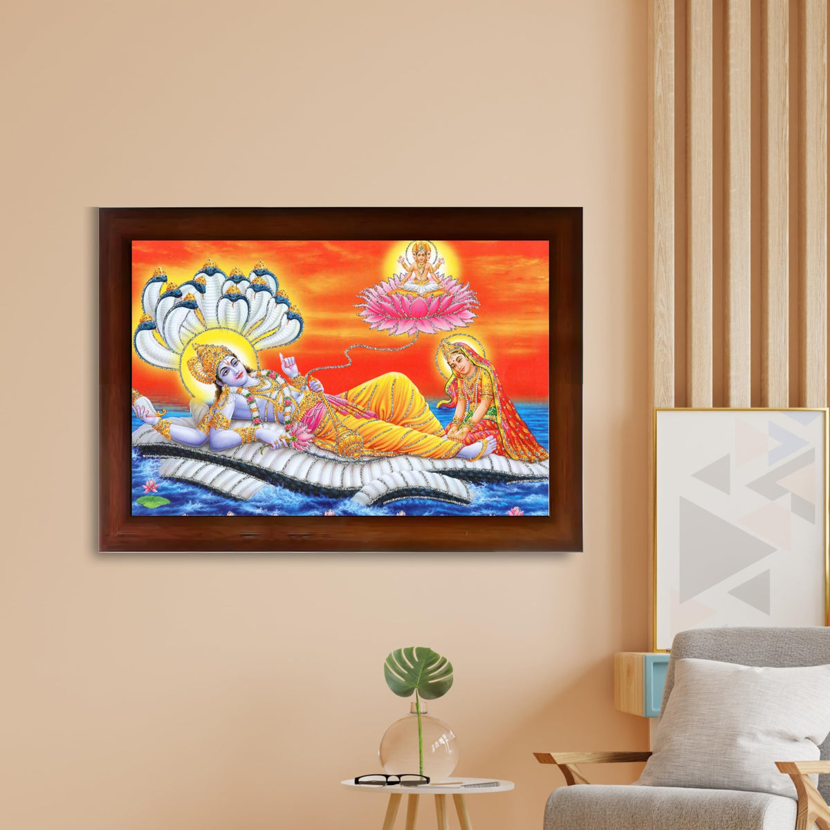 CRAFT QUEST Lord Vishnu and Goddess Lakshmi Giving Blessing on Shesh naag, landscape Glitter Work Painting Synthetic Wood Frame