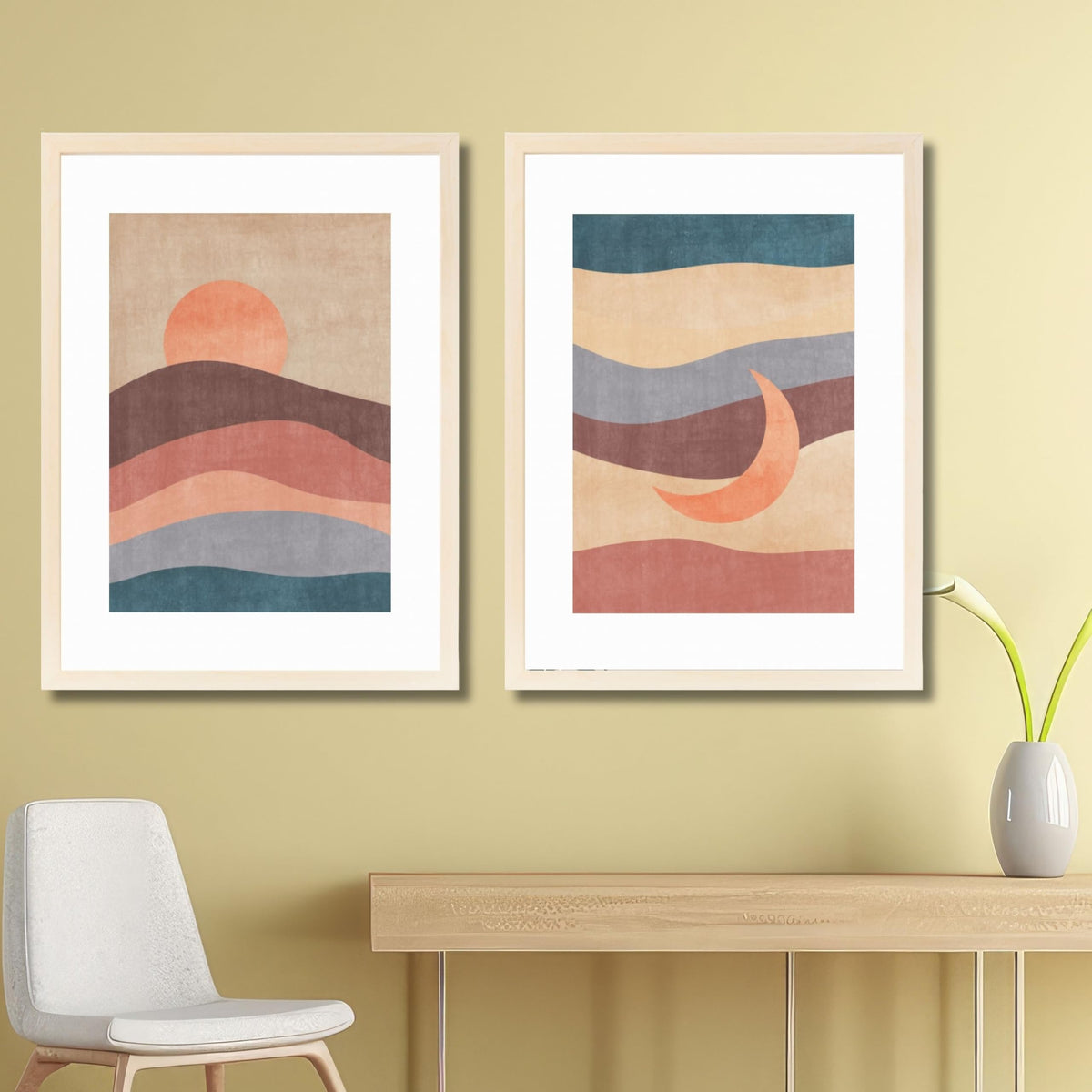 CRAFT QUEST Wall Art Decor Paintings | Set of 2 Sun Moon Wall Art Frames for Home Decoration | Ideal for Living Room, Bedroom & Office