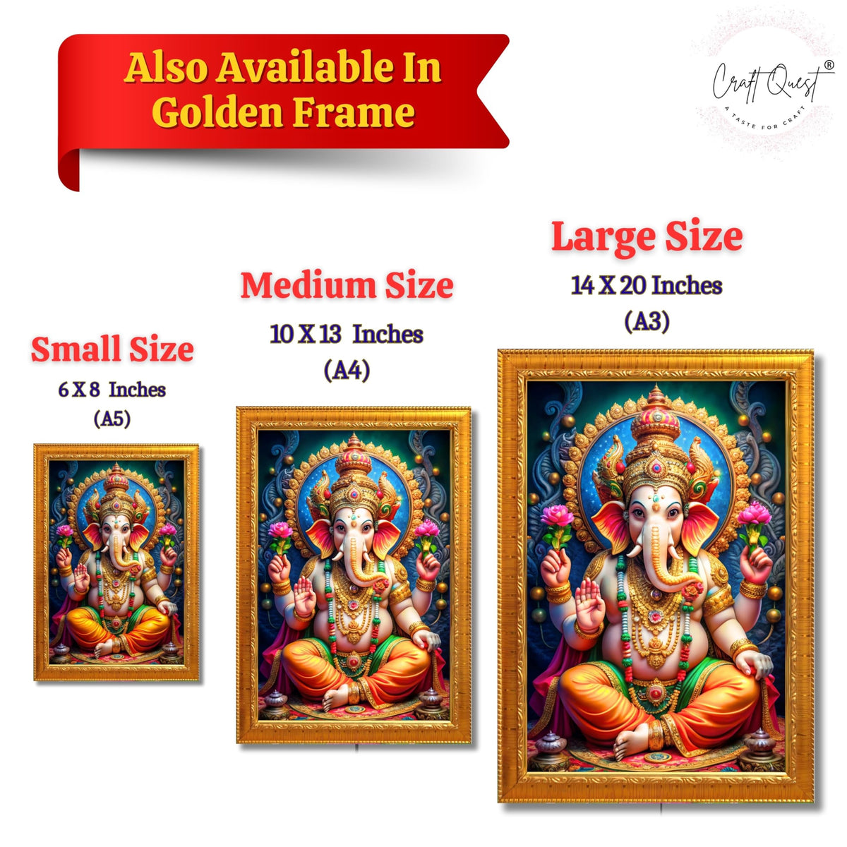 CRAFT QUEST Laminated God Ganpati ji Photo Frame Wall Decor Mandir Pooja Poster Religious Painting Divine Hindu Temple Decoration Spiritual Blessings Home Office Gift