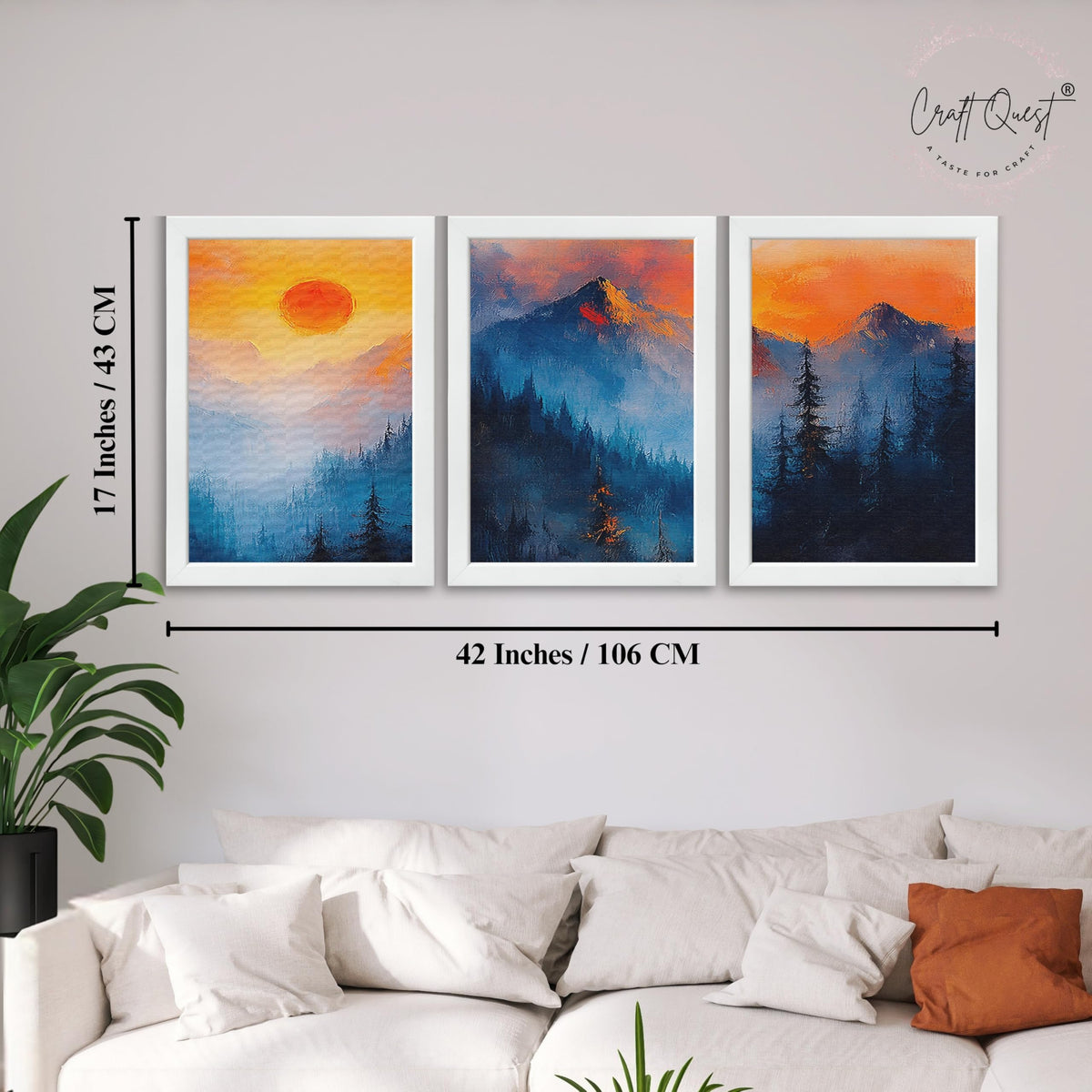 CRAFT QUEST Nature Inspired Landscape With Trees & Mountains Wall Art | Set of 3 Frames for Home Decoration | Ideal for Living Room, Bedroom & Offices