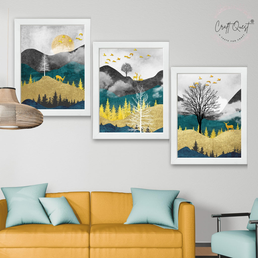 CRAFT QUEST Artistic Composed Abstract Geometric Gold Lines | Set of 3 Frames for Home Decoration | Ideal for Living Room, Bedroom & Offices