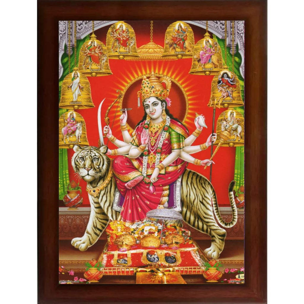 Craft Quest Nav Durga mata photo with brown frame, God Religious Framed Painting (Large Size 14 X 10 Inches. Multicolour)