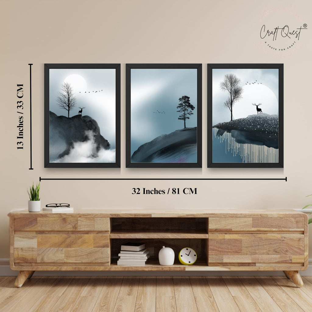 CRAFT QUEST Modern Art Geometric Ink Abstract Wall Art | Set of 3 Frames for Home Decoration | Ideal for Living Room, Bedroom & Offices