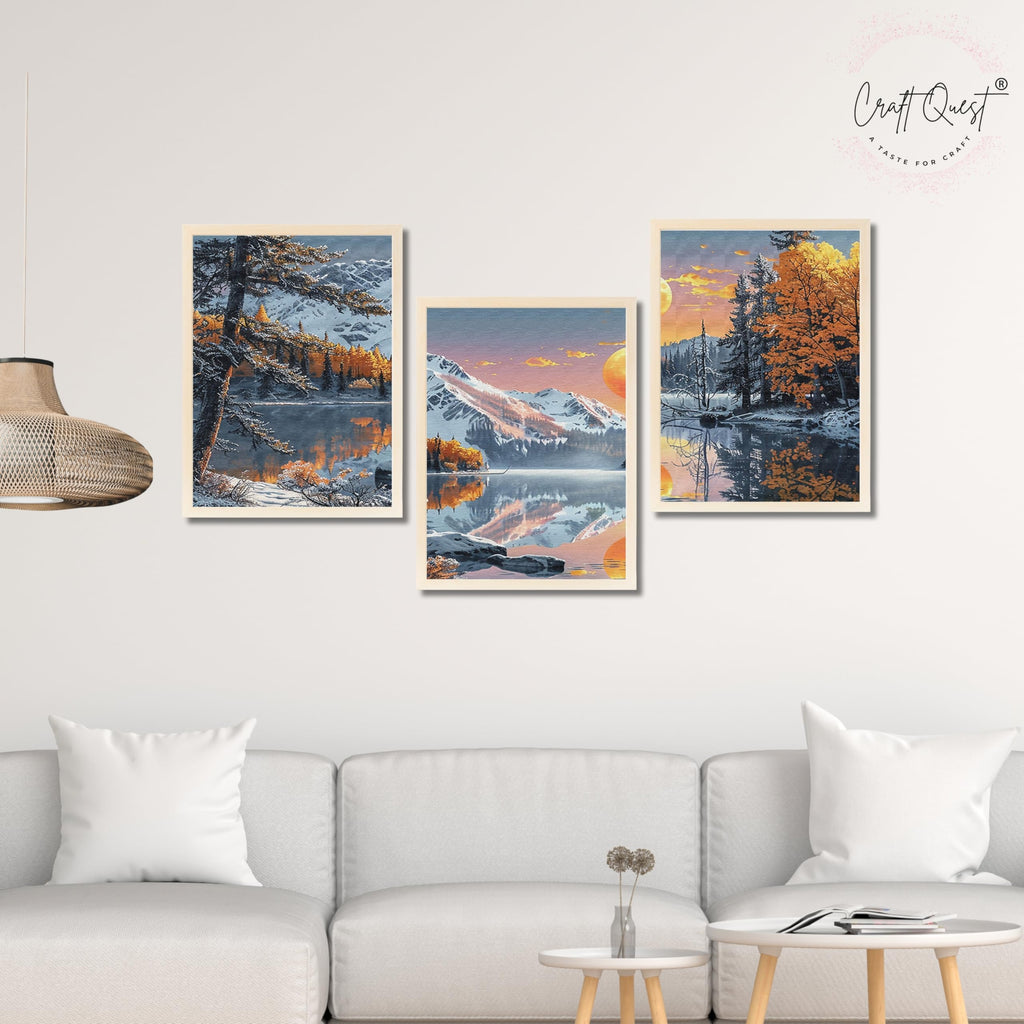 CRAFT QUEST Modern Art Paintings With Lake & Mountains Wall Art | Set of 3 Frames for Home Decoration | Ideal for Living Room, Bedroom & Offices