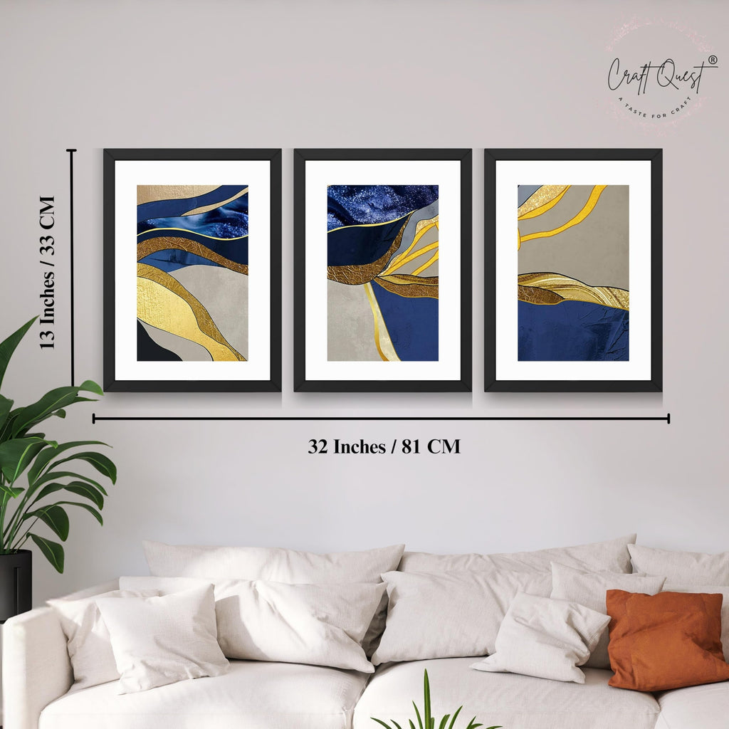 CRAFT QUEST Abstract Blue & Gold Artwork | Set of 3 Frames for Home Decoration | Ideal for Living Room, Bedroom & Offices