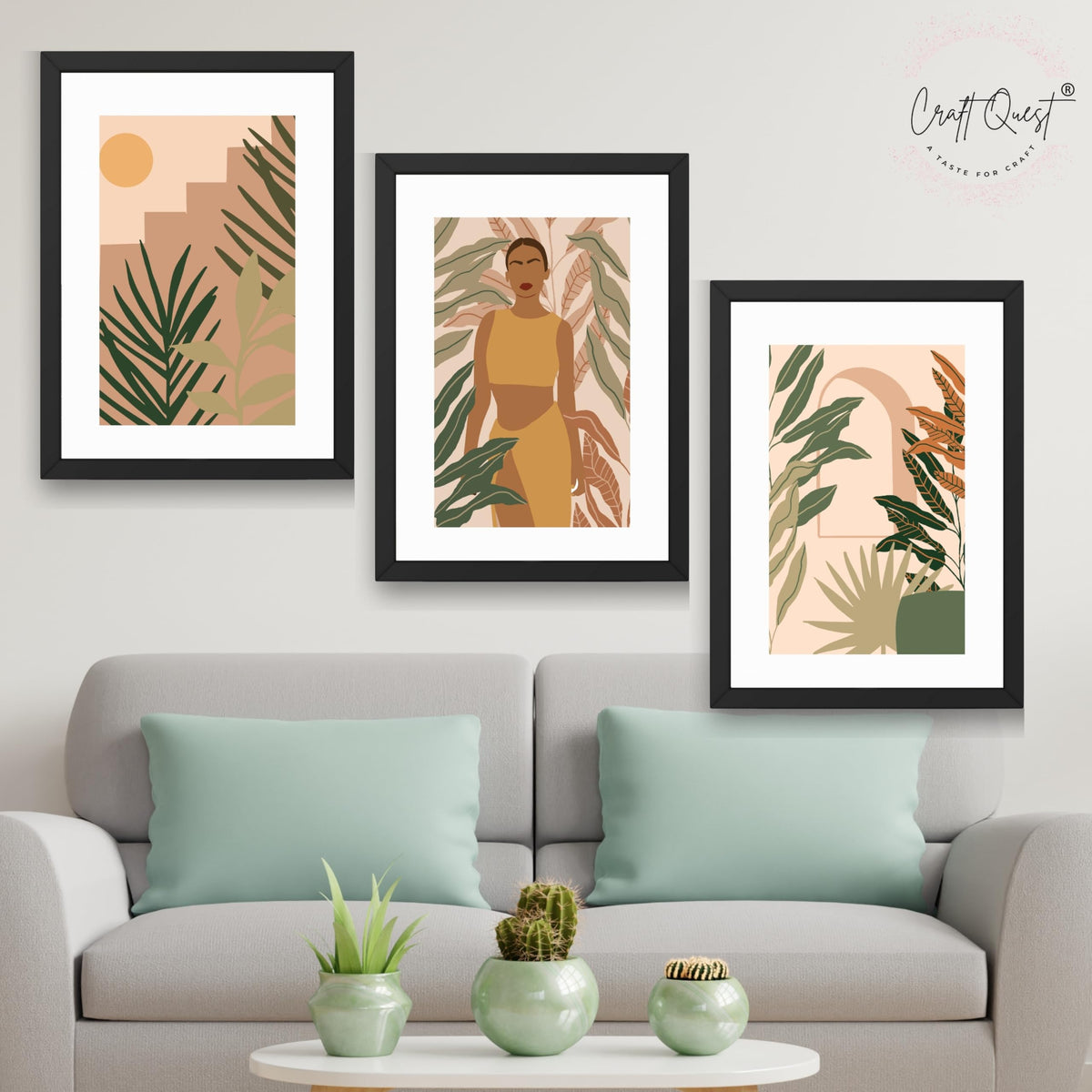 CRAFT QUEST Beautiful Abstract Of American Woman & Tropical Leaves Wall Art | Set of 3 Frames for Home Decoration | Ideal for Living Room, Bedroom & Offices