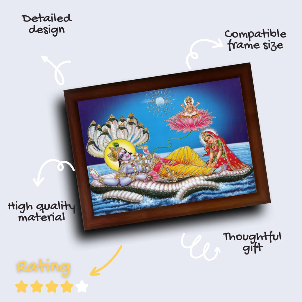 CRAFT QUEST Lord Vishnu and Goddess Lakshmi Giving Blessing on Shesh naag, landscape Glitter Painting with Golden Synthetic Frame