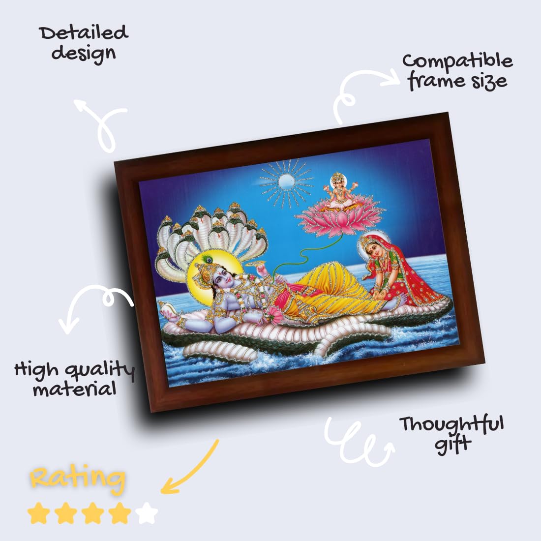 CRAFT QUEST Lord Vishnu and Goddess Lakshmi Giving Blessing on Shesh naag, landscape Glitter Painting with Golden Synthetic Frame