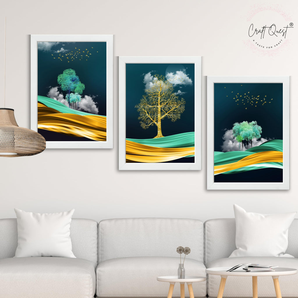 CRAFT QUEST Modern Art Mural With Golden Tree & Birds Wall Art | Set of 3 Frames for Home Decoration | Ideal for Living Room, Bedroom & Offices
