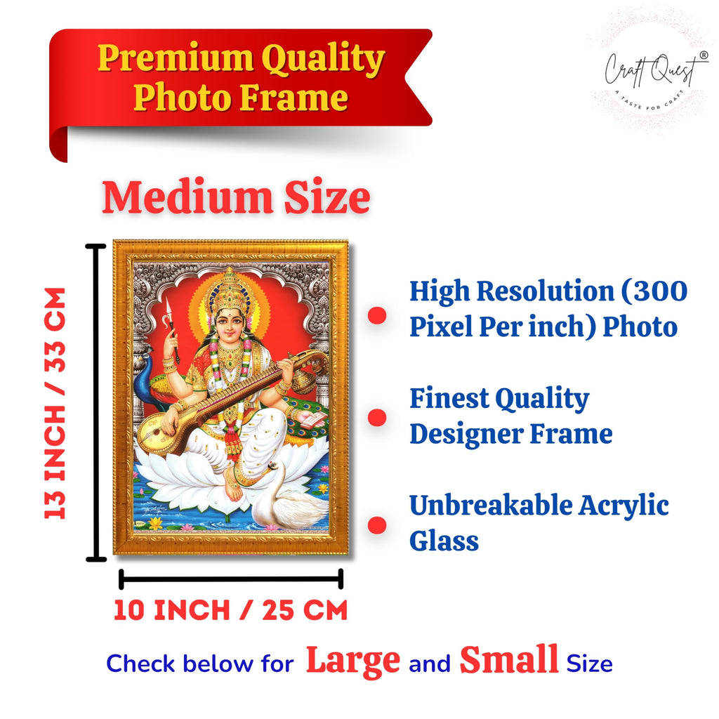 CRAFT QUEST Saraswati Devi Goddess Saraswathi Maa Wall Painting Sparkle Coated Framed Home Décor Synthetic wooden Frame