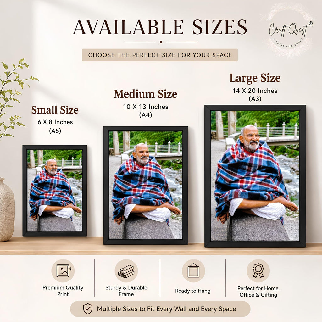 CRAFT QUEST Neem Karoli Baba Maharaj Ji Smiling Portrait Photo Frame for Wall | Spiritual Guru Religious Wall Art | Devotional Photo for Home, Mandir, Puja Room & Gifting