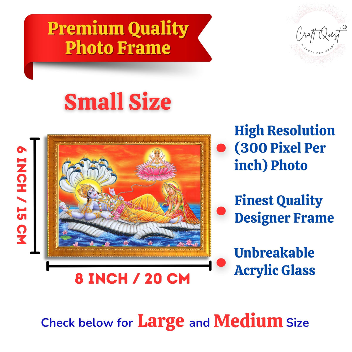 CRAFT QUEST Lord Vishnu and Goddess Lakshmi Giving Blessing on Shesh naag, landscape Glitter Work Painting Synthetic Wood Frame