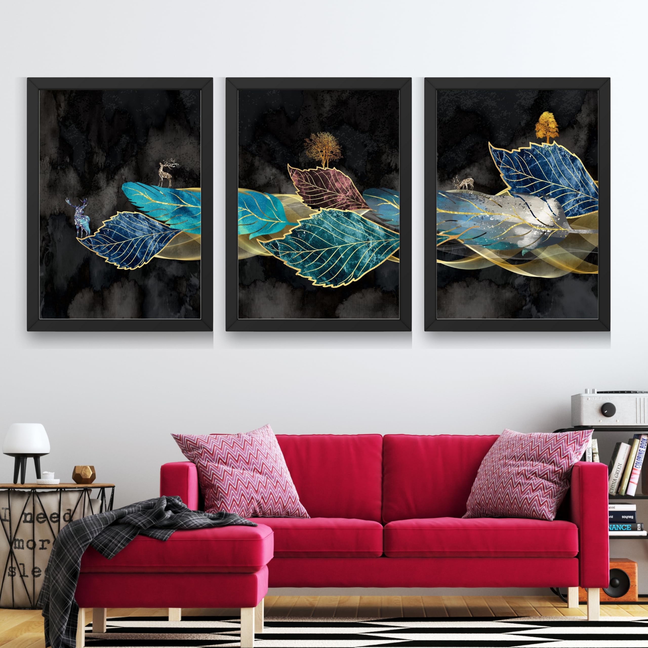 CRAFT QUEST Modern Art Blue,Turquoise & Red Leaves Wall Art | Set of 3 Frames for Home Decoration | Ideal for Living Room, Bedroom & Offices