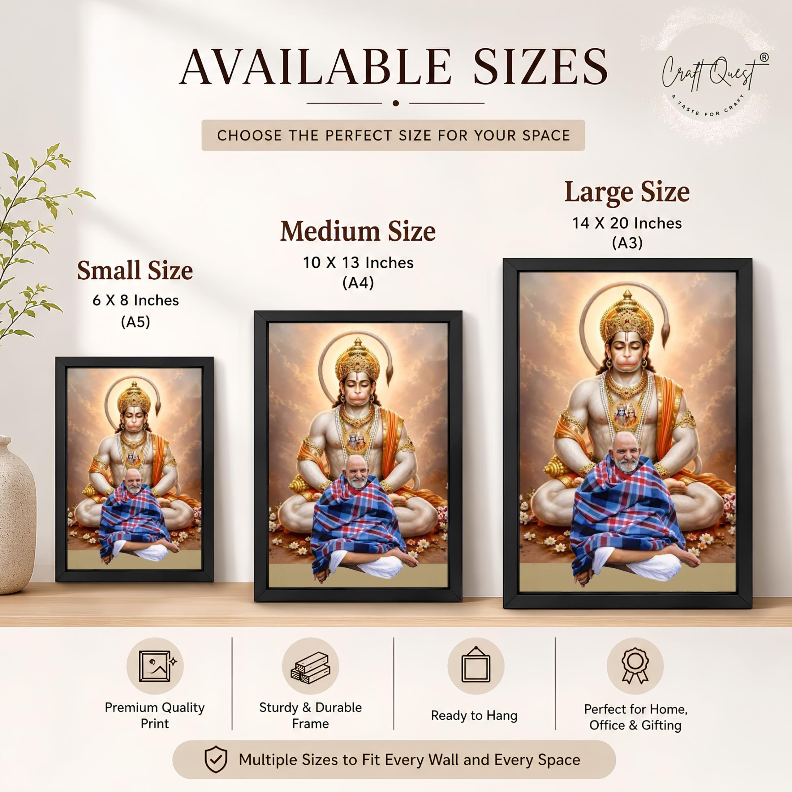 CRAFT QUEST Neem Karoli Baba Maharaj Ji Smiling Portrait Photo Frame for Wall | Spiritual Guru Religious Wall Art | Devotional Photo for Home, Mandir, Puja Room & Gifting