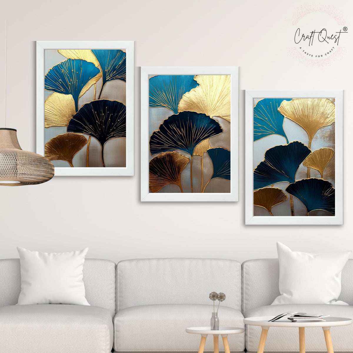 CRAFT QUEST Modern Art Abstract Aureate Geometry Wall Art | Set of 3 Frames for Home Decoration | Ideal for Living Room, Bedroom & Offices