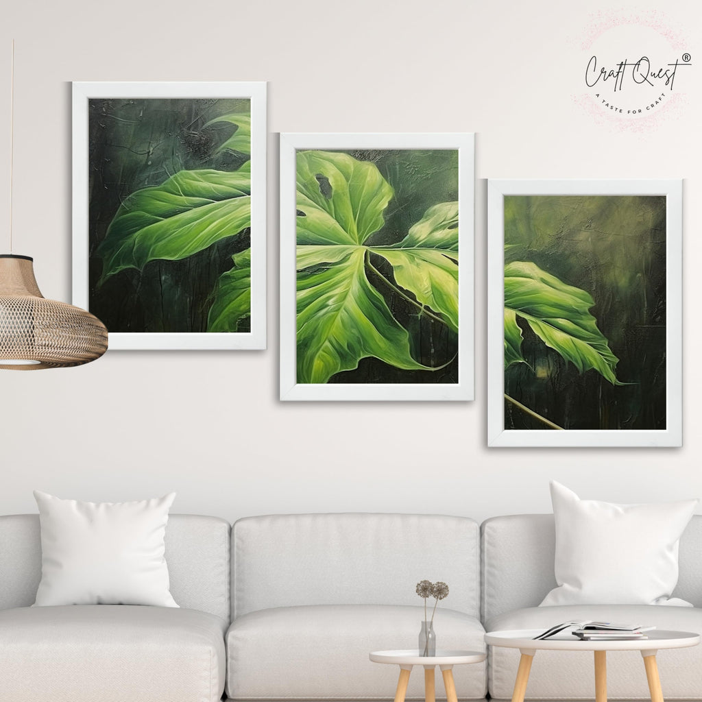 CRAFT QUEST Nature Inspired Painting Of Plant With Green Leaves Wall Art | Set of 3 Frames for Home Decoration | Ideal for Living Room, Bedroom & Offices