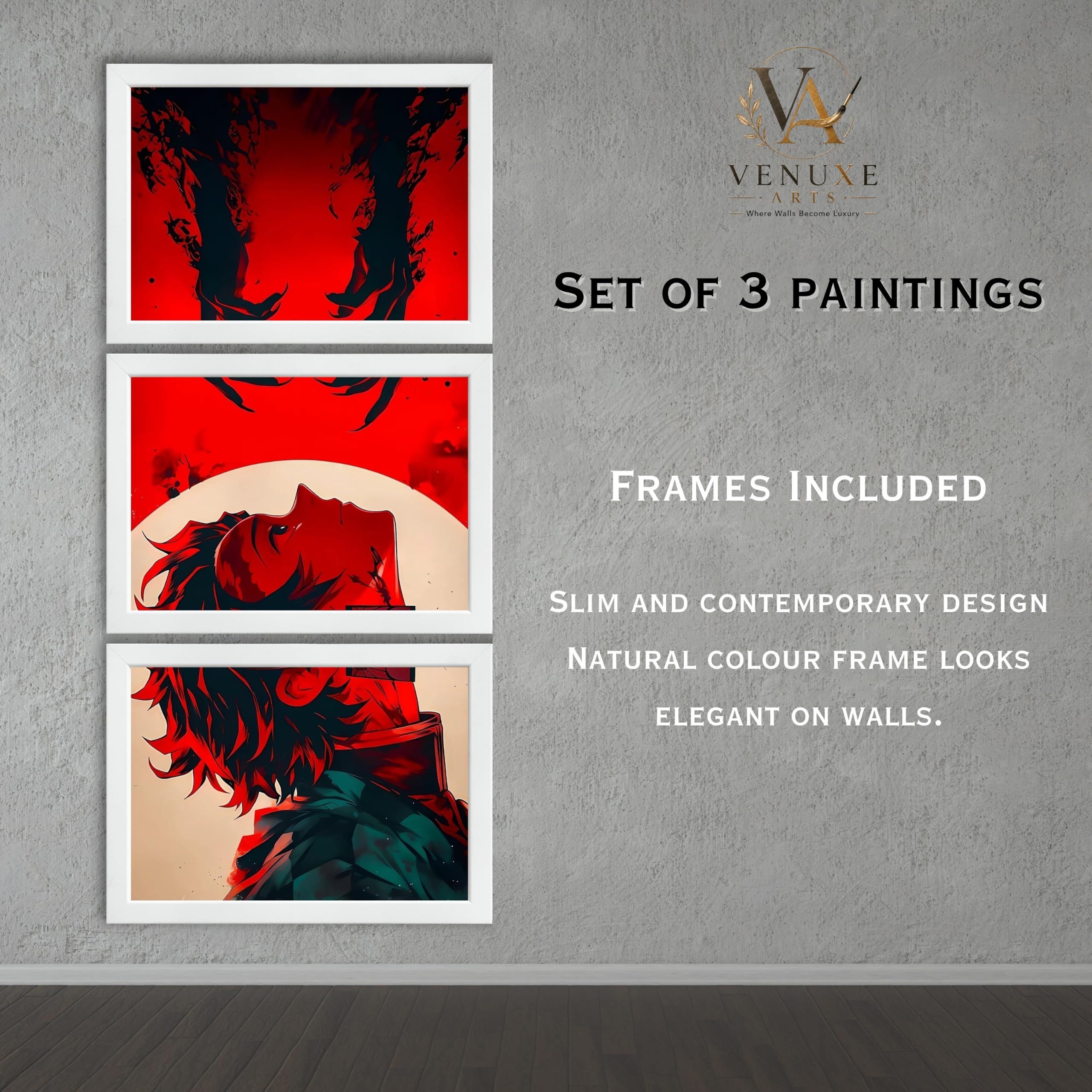 VENUXE ARTS Set Of 3 Anime Characters Wall Framed |Anime Characters Framed Poster for Living Room Bedroom Gaming Room Studio Wall Decor