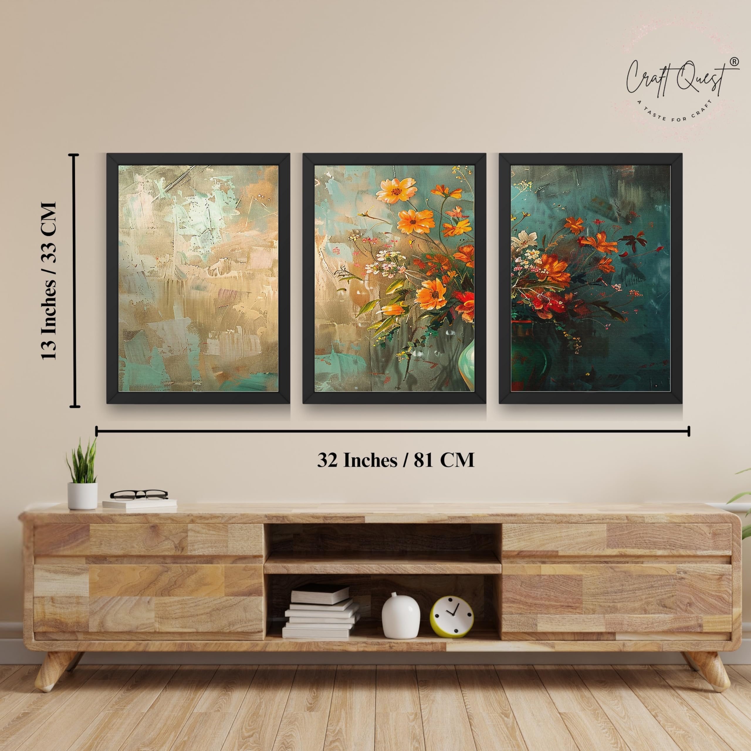 CRAFT QUEST Nature Inspired Paintings Of Flowers Wall Art | Set of 3 Frames for Home Decoration | Ideal for Living Room, Bedroom & Office