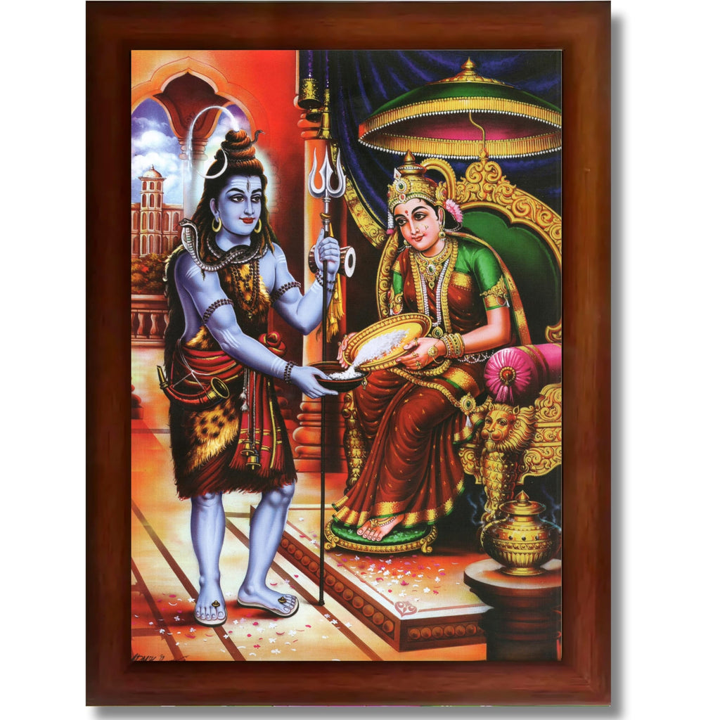 CRAFT QUEST Shiva & Maa Annapurna devi sitting on throne photo frame with Acrylic Glass for Kitchen, Food & Prosperity Blessing Hindu Wall Decor