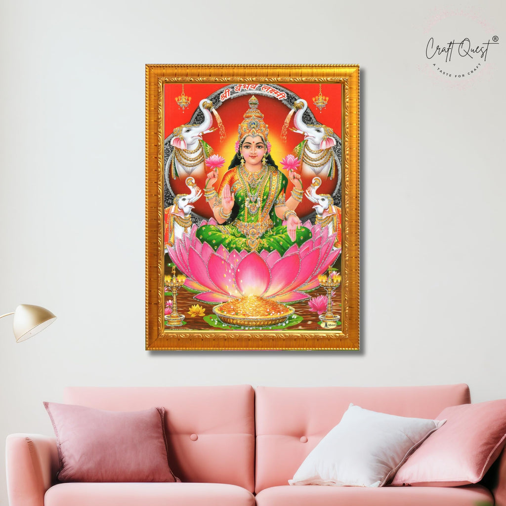 CRAFT QUEST Goddess Lakshmi Devi Dhana Laxmi Maa Wall Painting Frame for Diwali,Temple, Pooja, Living Room Home and Decor
