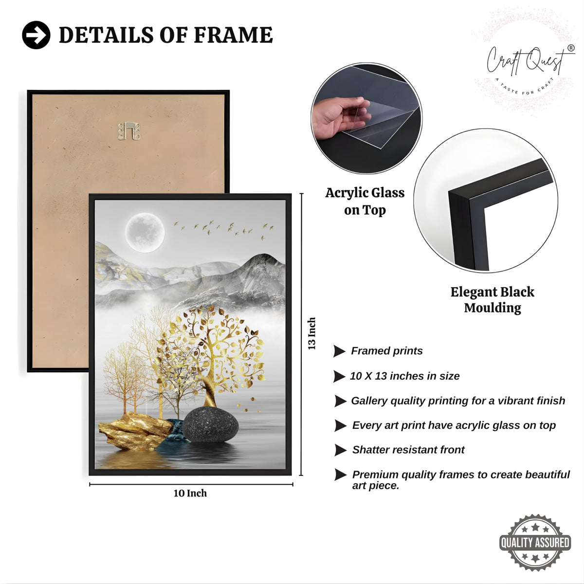 CRAFT QUEST Modern Art Landscape Golden Tree,Birds & Mountains Wall Art | Set of 3 Frames for Home Decoration | Ideal for Living Room, Bedroom & Offices
