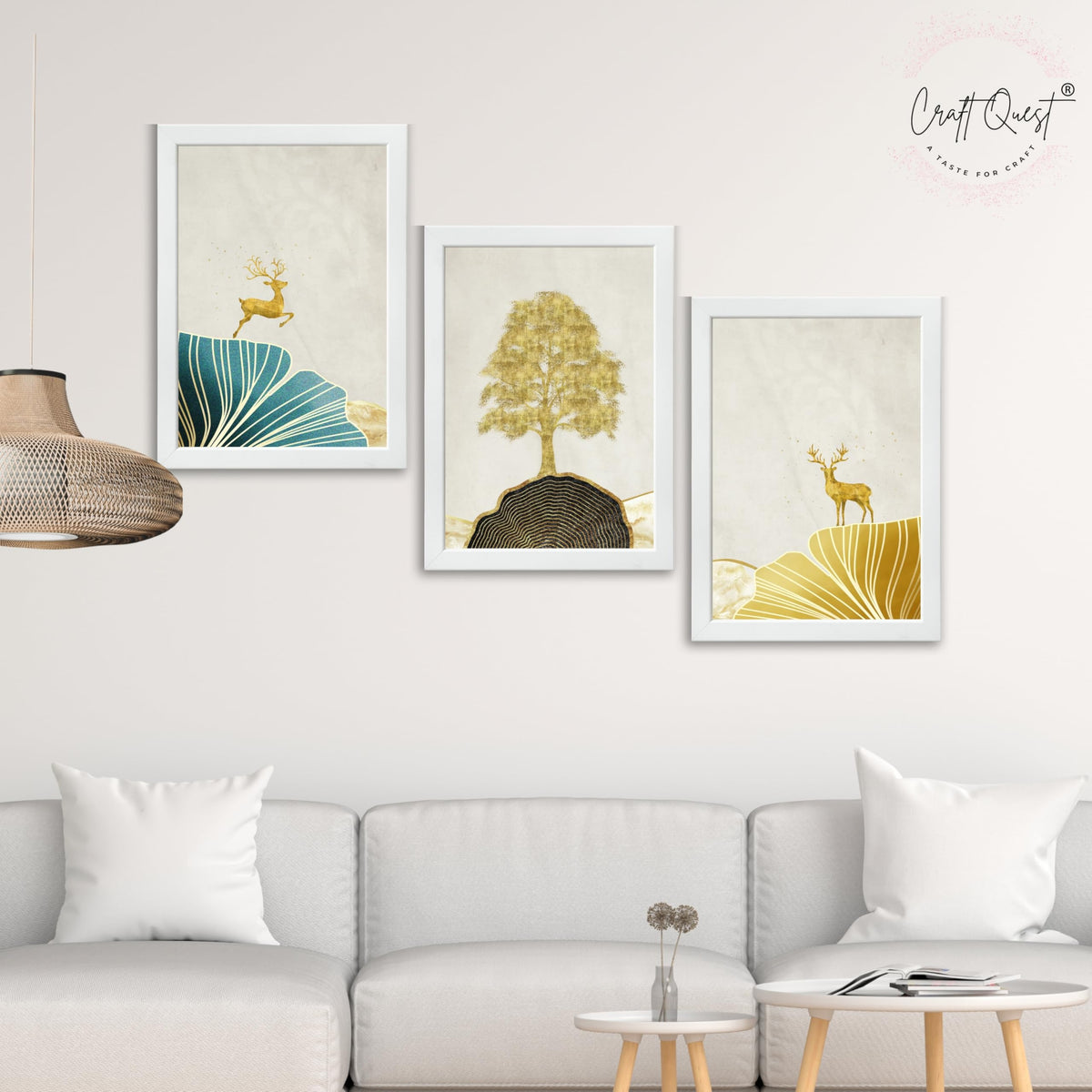 CRAFT QUEST Modern Art Landscape Of Golden Tree & Deer Wall Art | Set of 3 Frames for Home Decoration | Ideal for Living Room, Bedroom & Offices