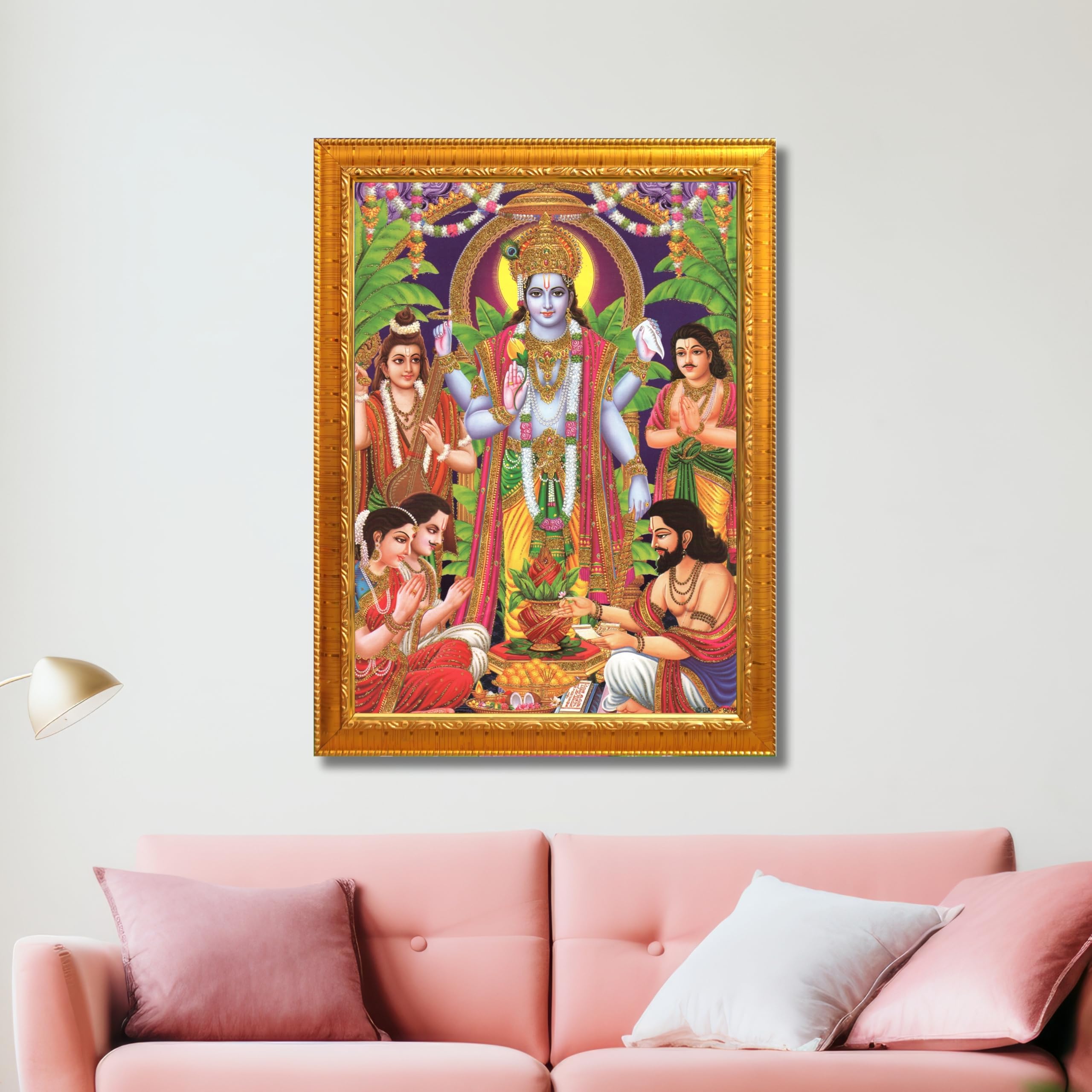 CRAFT QUEST Lord Satyanarayana Swamy | Bhagwan Satyanarayan Wall Painting Religious Wood Photo Frame with Acrylic glass