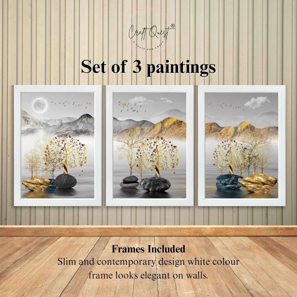 CRAFT QUEST Modern Art Landscape Golden Tree,Birds & Mountains Wall Art | Set of 3 Frames for Home Decoration | Ideal for Living Room, Bedroom & Offices