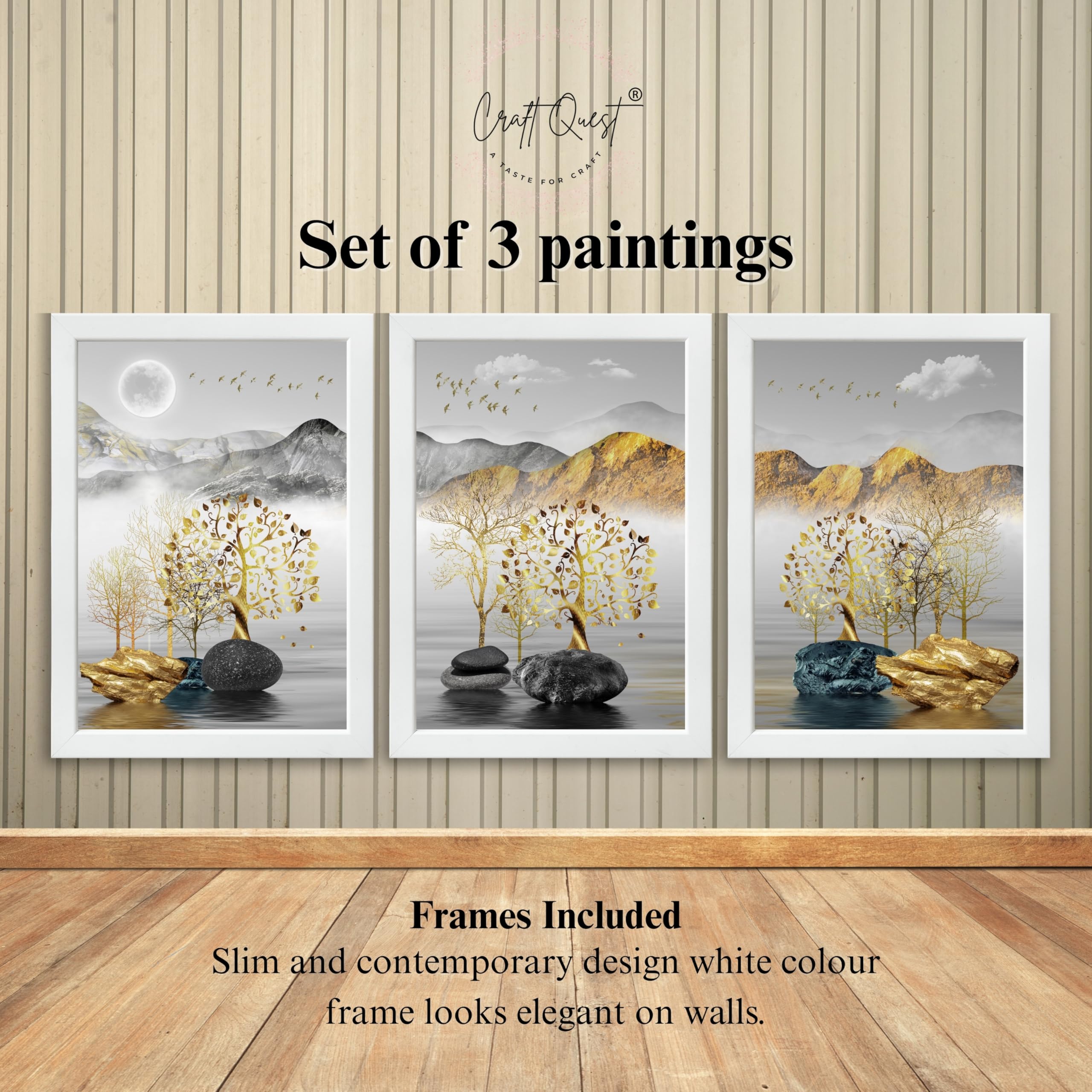 CRAFT QUEST Modern Art Landscape Golden Tree,Birds & Mountains Wall Art | Set of 3 Frames for Home Decoration | Ideal for Living Room, Bedroom & Offices