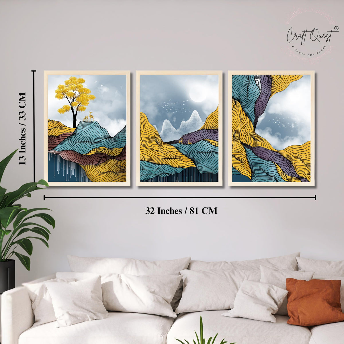 CRAFT QUEST Modern Abstract Landscape Art | Set of 3 Frames for Home Decoration | Ideal for Living Room, Bedroom & Offices