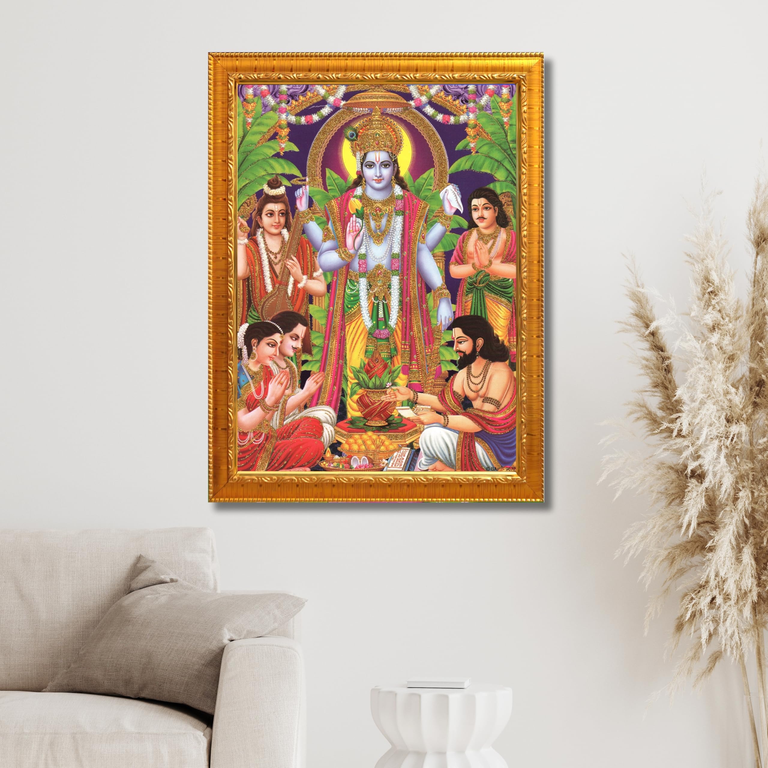 CRAFT QUEST Lord Satyanarayana Swamy | Bhagwan Satyanarayan Wall Painting Religious Wood Photo Frame with Acrylic glass