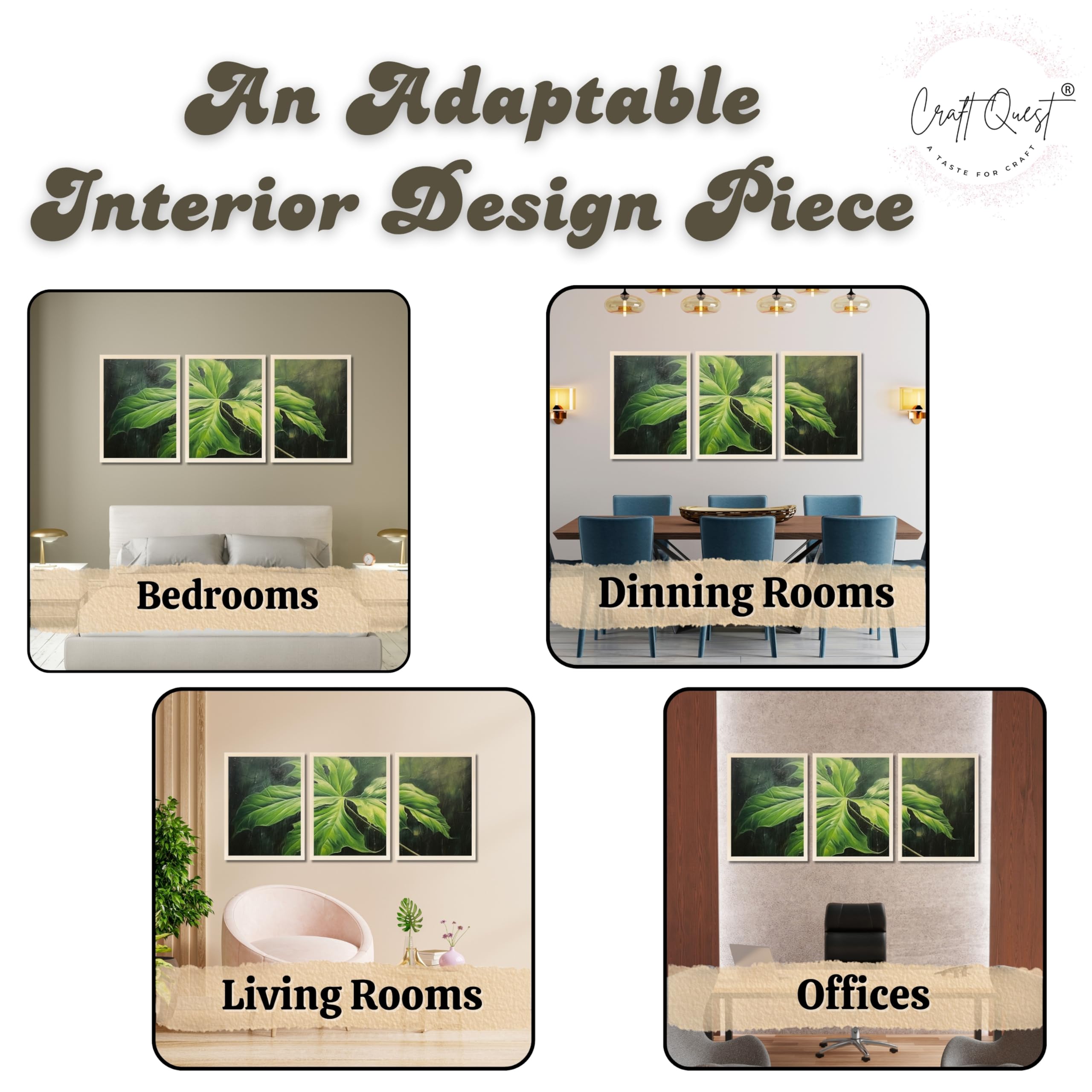 CRAFT QUEST Nature Inspired Painting Of Plant With Green Leaves Wall Art | Set of 3 Frames for Home Decoration | Ideal for Living Room, Bedroom & Offices