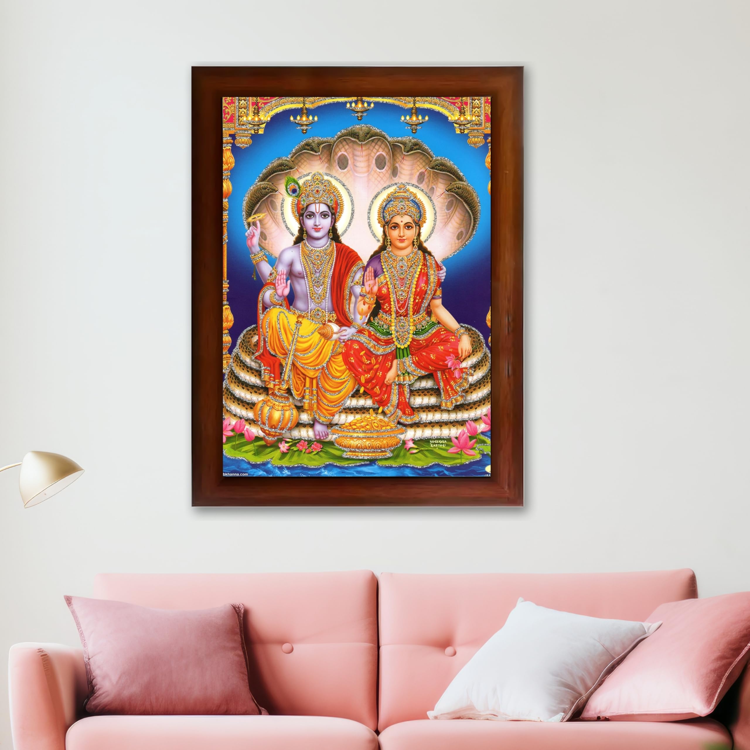 CRAFT QUEST Lord Vishnu and Goddess Lakshmi Giving Blessing on Shesh naag Glitter Painting with Golden Synthetic Frame