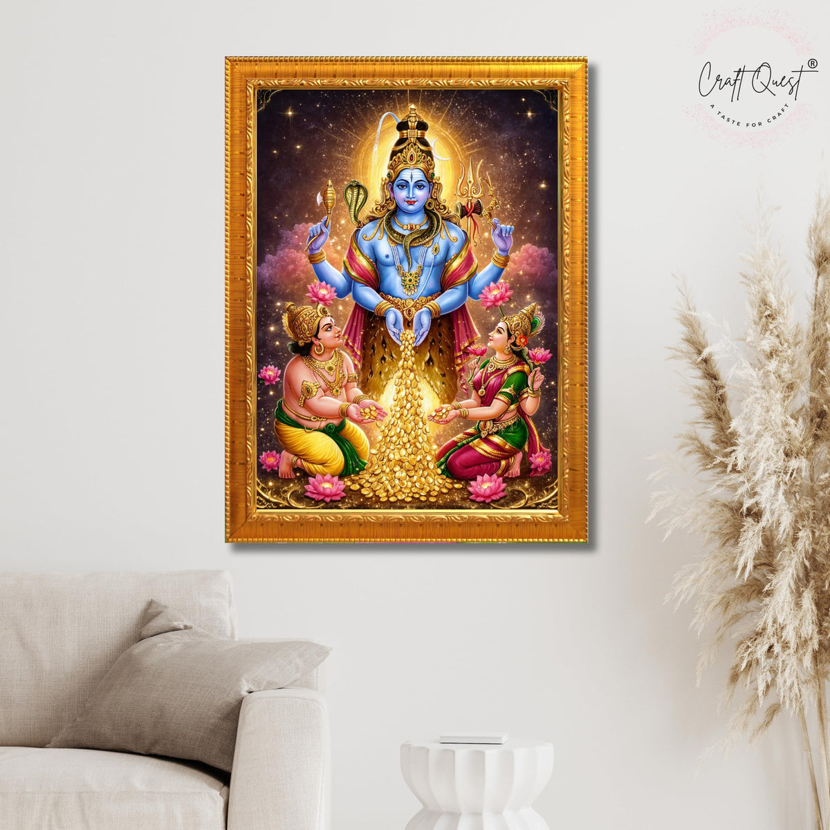 CRAFT QUEST Swarnakarshana Bhairava Swamy With Lakshmi Devi and Kuber Bhagwan Religious Wall Photo Frame |Dhan Bhairav Frame for Home, Office, Temple & Gifting