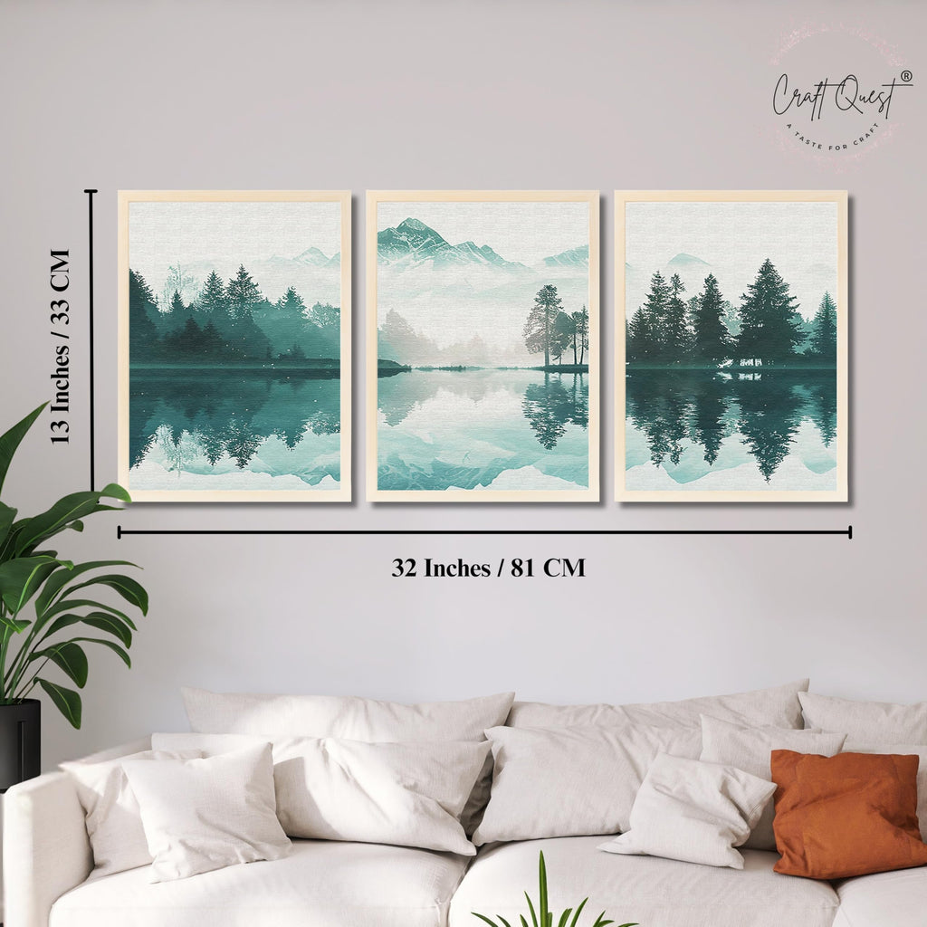 CRAFT QUEST Nature Inspired Series Paintings With Trees & Mountains Wall Art | Set of 3 Frames for Home Decoration | Ideal for Living Room, Bedroom & Offices