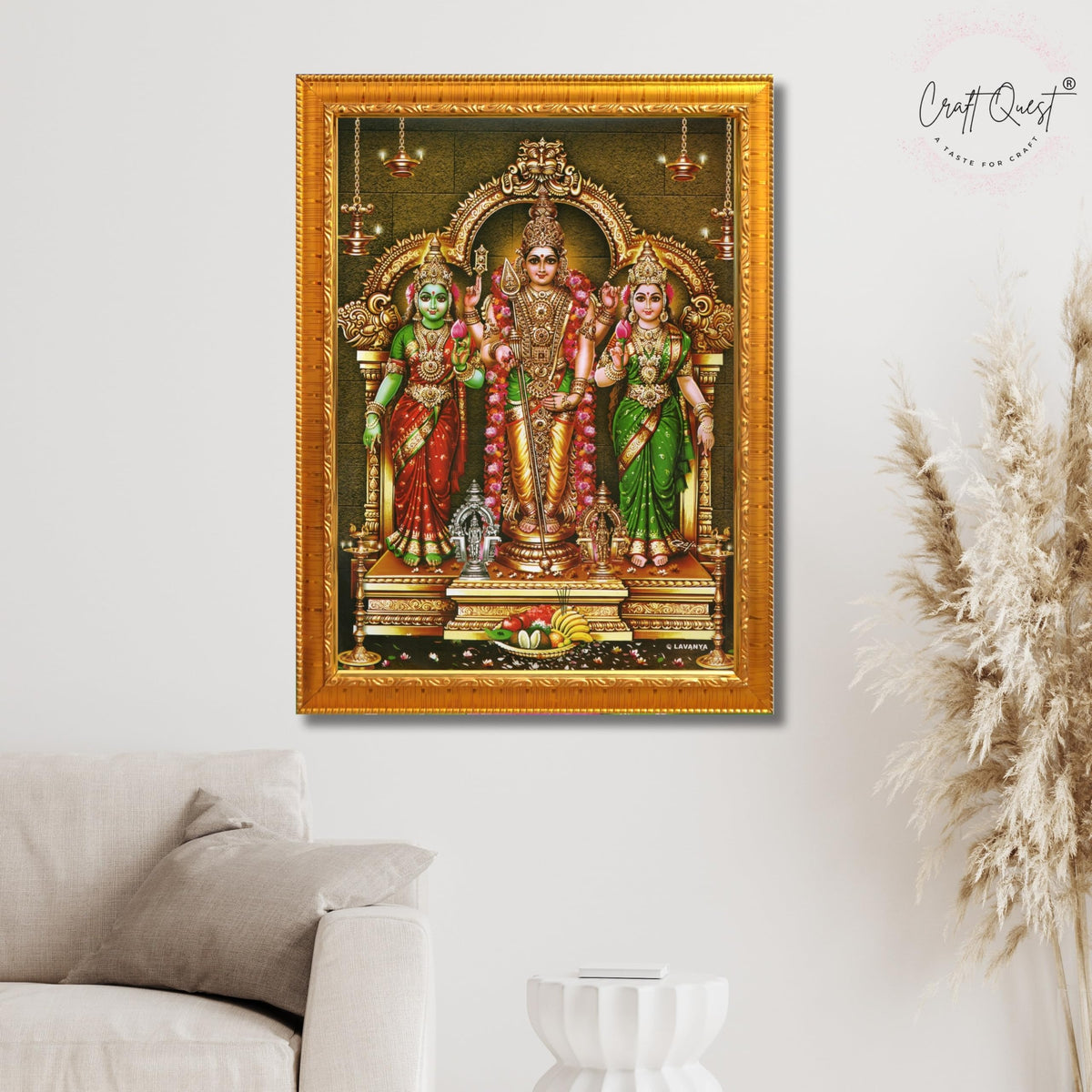 CRAFT QUEST Lord Murugan Valli Deivanai Subramanya Swamy Wall Painting Photo Framed | South God Picture Frame for Home, Office, Temple & Gifting, Decor