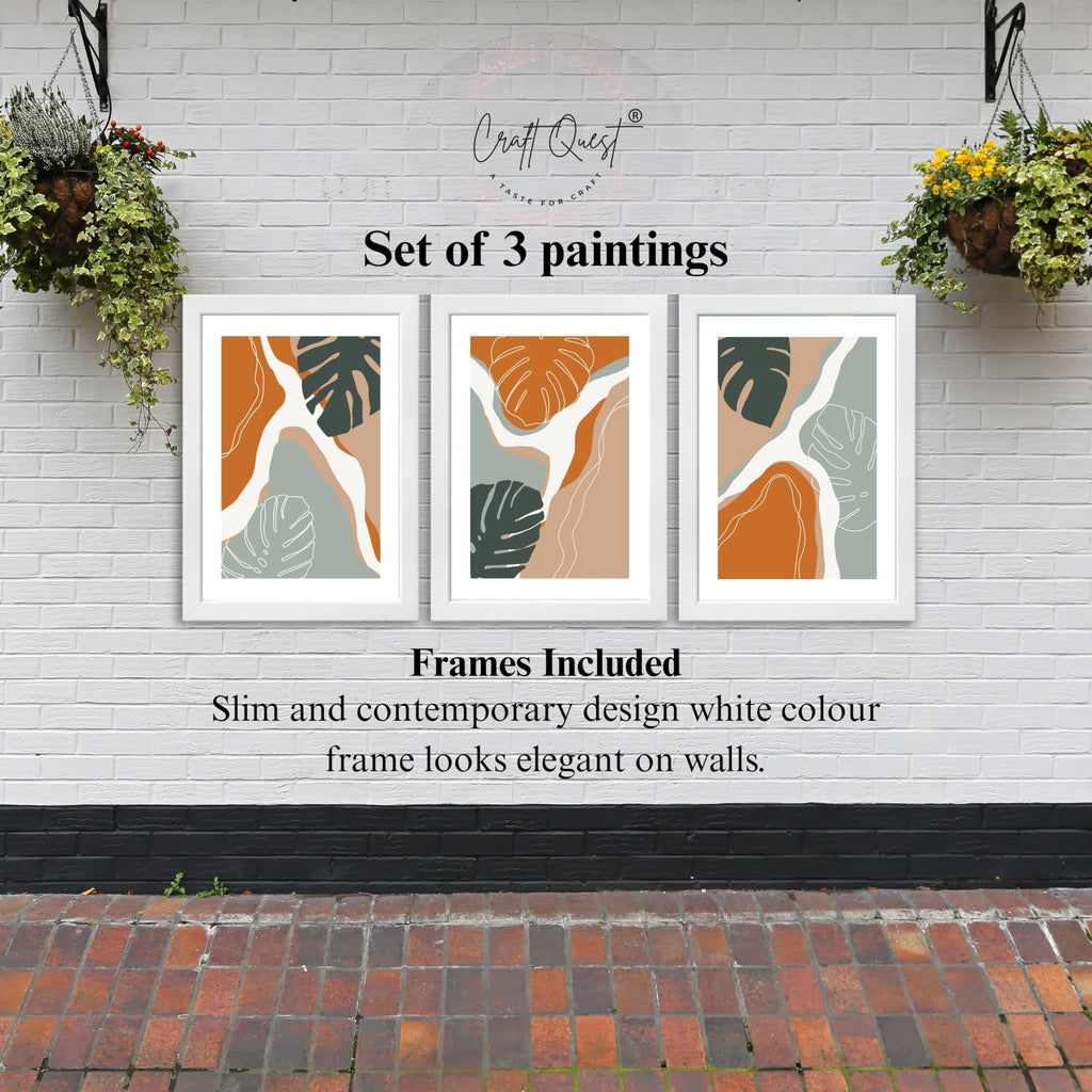 CRAFT QUEST SET OF 3 Organic Modern Leaf Wall Art | Set of 3 Frames for Home Decoration | Ideal for Living Room, Bedroom & Offices