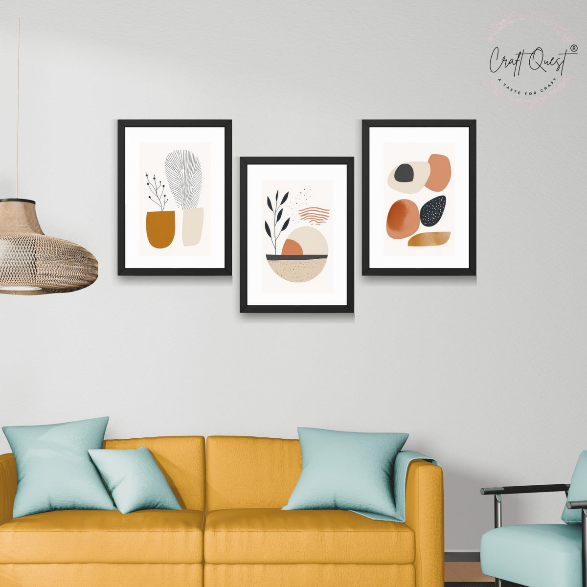 CRAFT QUEST Contemporary Organic Abstract Wall Art | Set of 3 Frames for Home Decoration | Ideal for Living Room, Bedroom & Offices