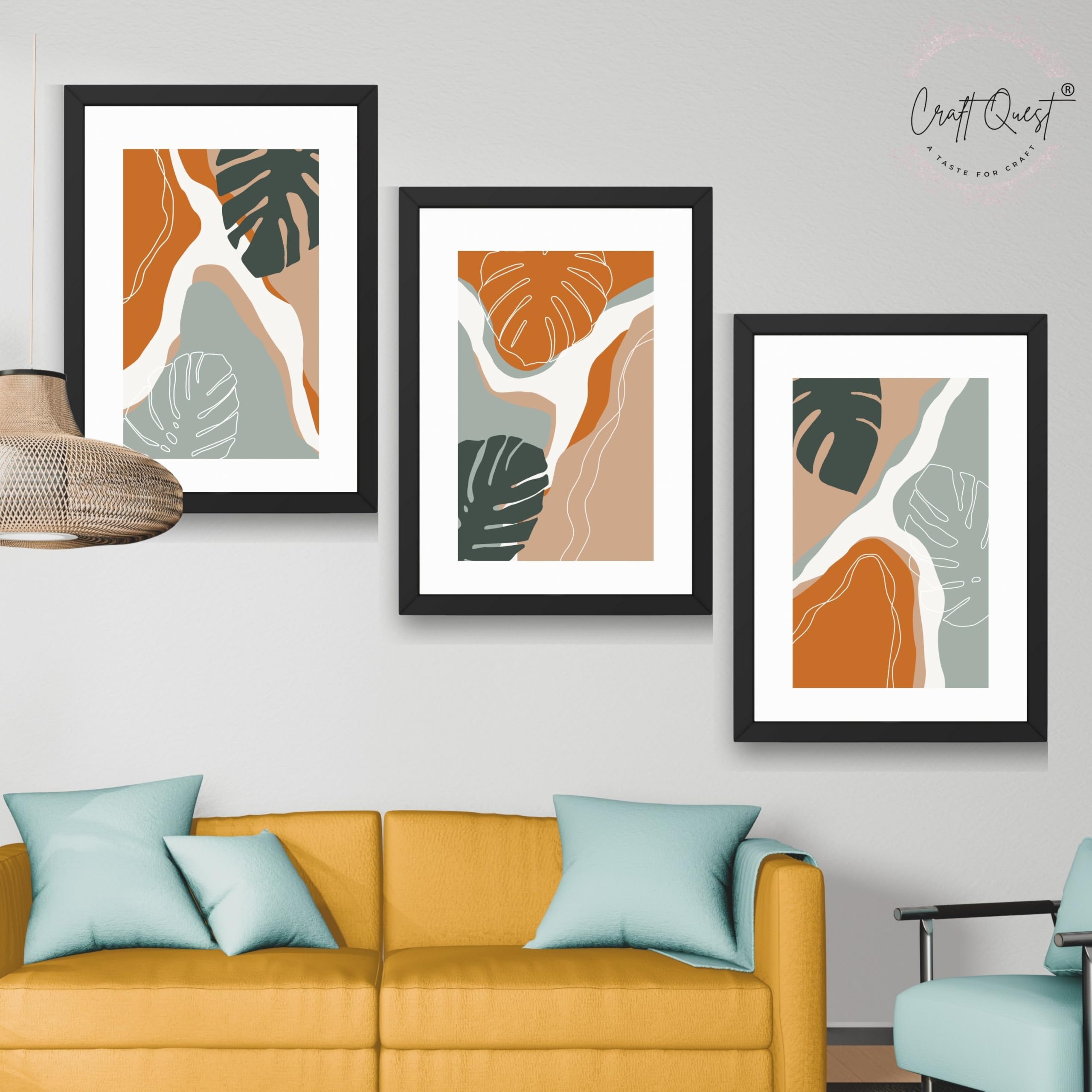 CRAFT QUEST SET OF 3 Organic Modern Leaf Wall Art | Set of 3 Frames for Home Decoration | Ideal for Living Room, Bedroom & Offices