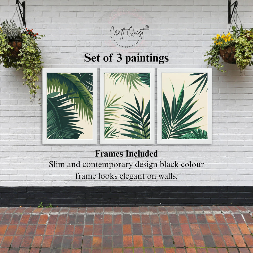 CRAFT QUEST Nature Inspired Tropical Palm Leaves Modern Wall Art | Set of 3 Frames for Home Decoration | Ideal for Living Room, Bedroom & Offices