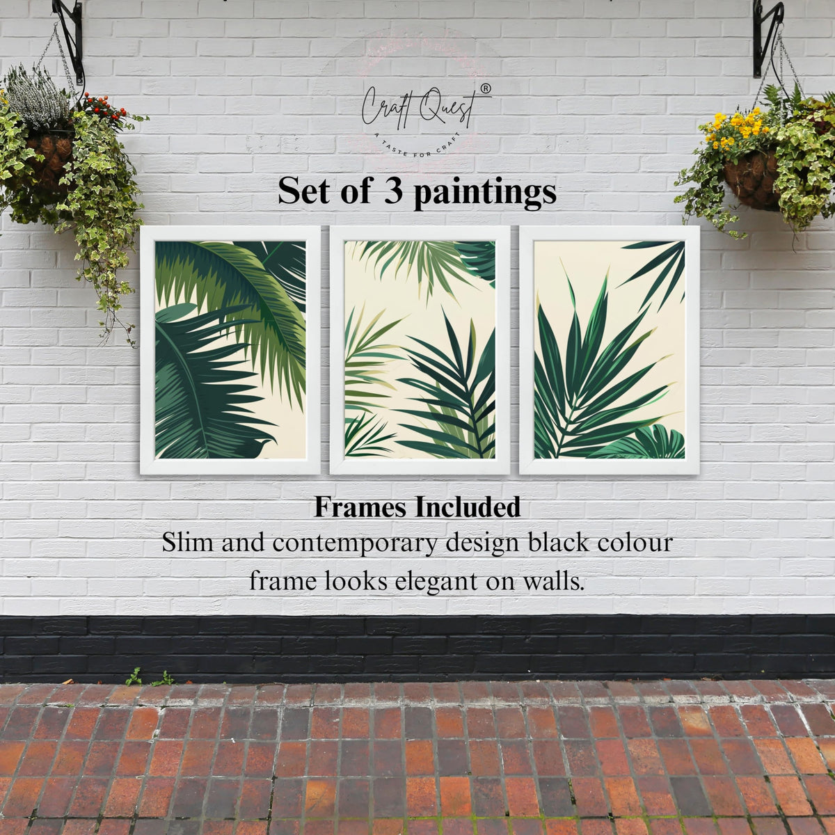CRAFT QUEST Nature Inspired Tropical Palm Leaves Modern Wall Art | Set of 3 Frames for Home Decoration | Ideal for Living Room, Bedroom & Offices