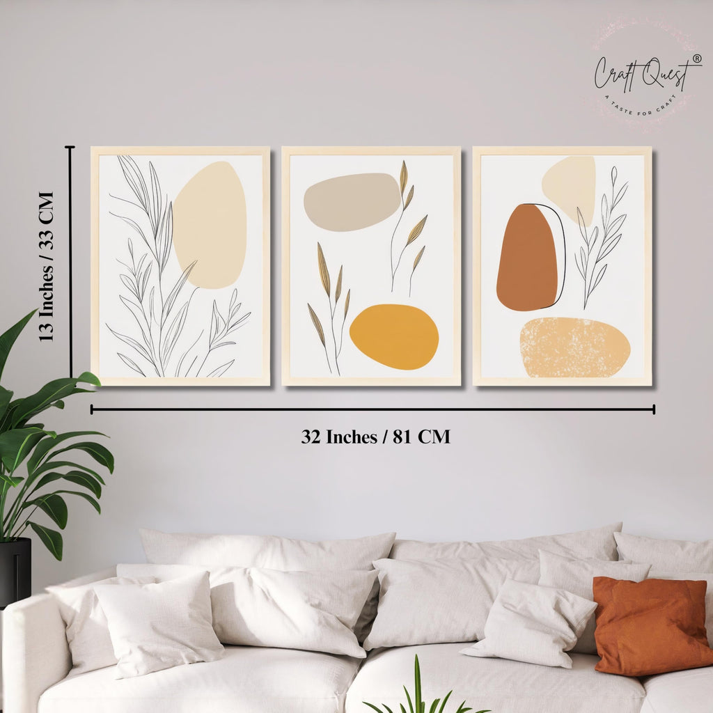 CRAFT QUEST Organic Abstract Wall Art Modern Art | Set of 3 Frames for Home Decoration | Ideal for Living Room, Bedroom & Offices