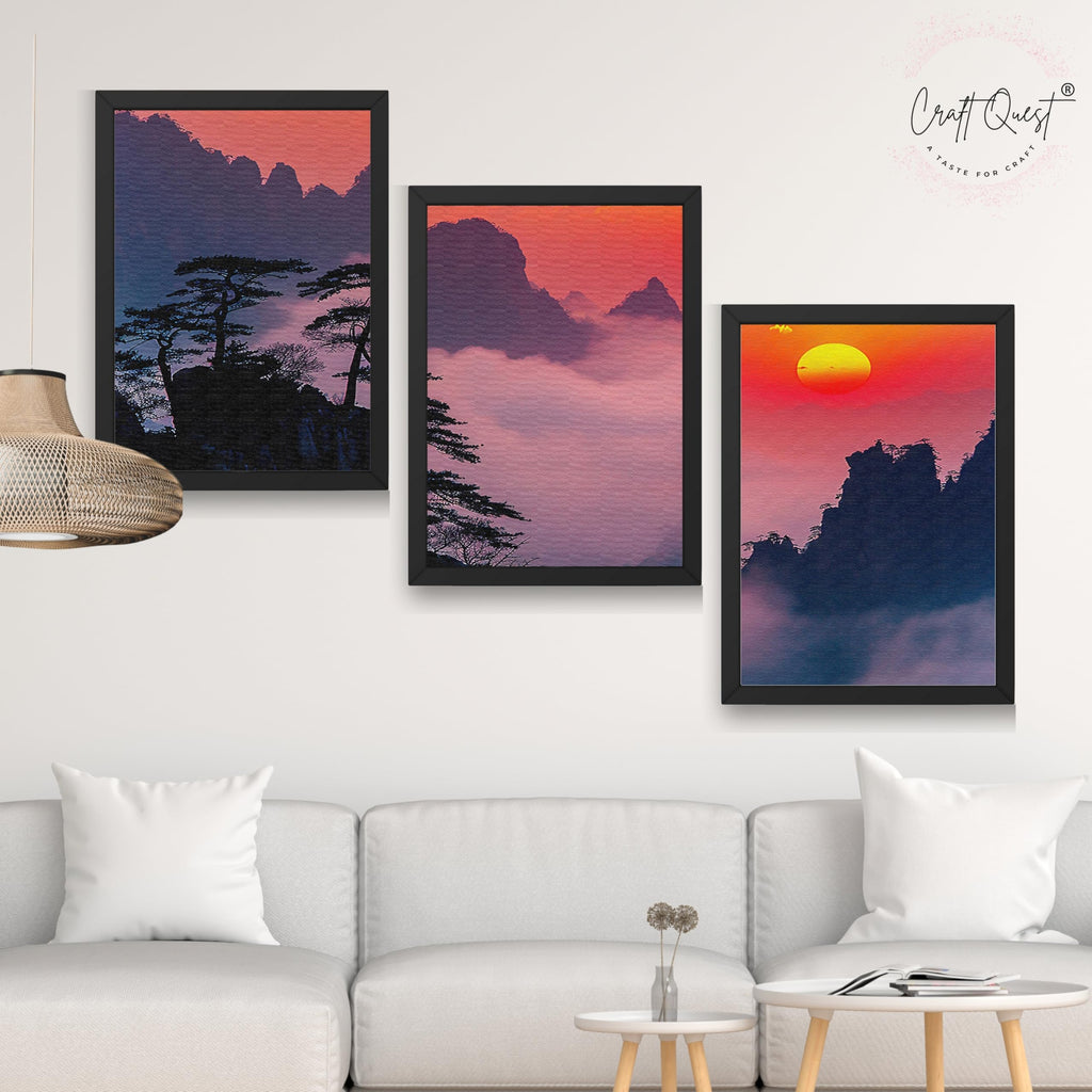 CRAFT QUEST Nature Inspired Mountains & Clouds Wall Art | Set of 3 Frames for Home Decoration | Ideal for Living Room, Bedroom & Offices