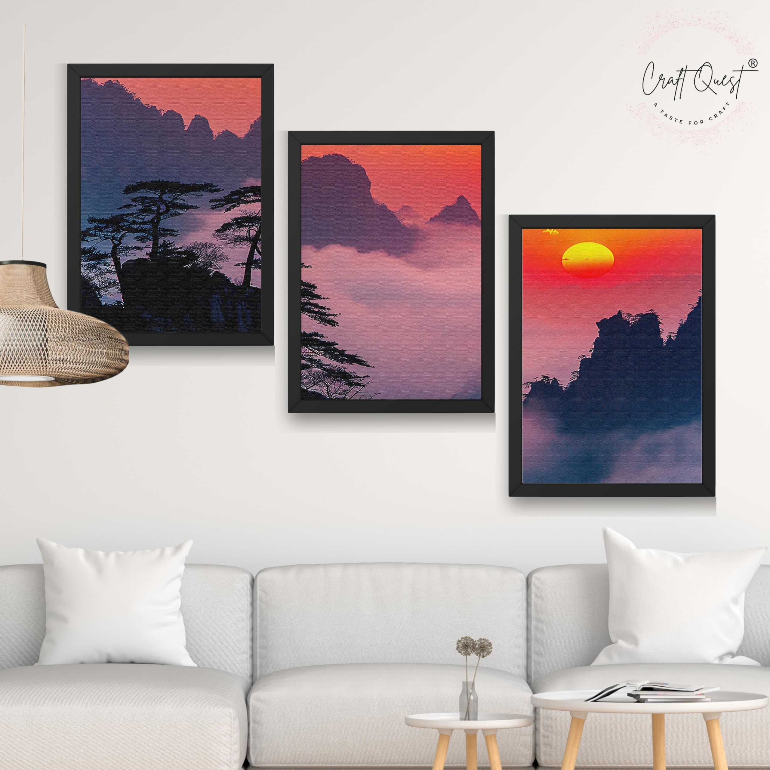 CRAFT QUEST Nature Inspired Mountains & Clouds Wall Art | Set of 3 Frames for Home Decoration | Ideal for Living Room, Bedroom & Offices