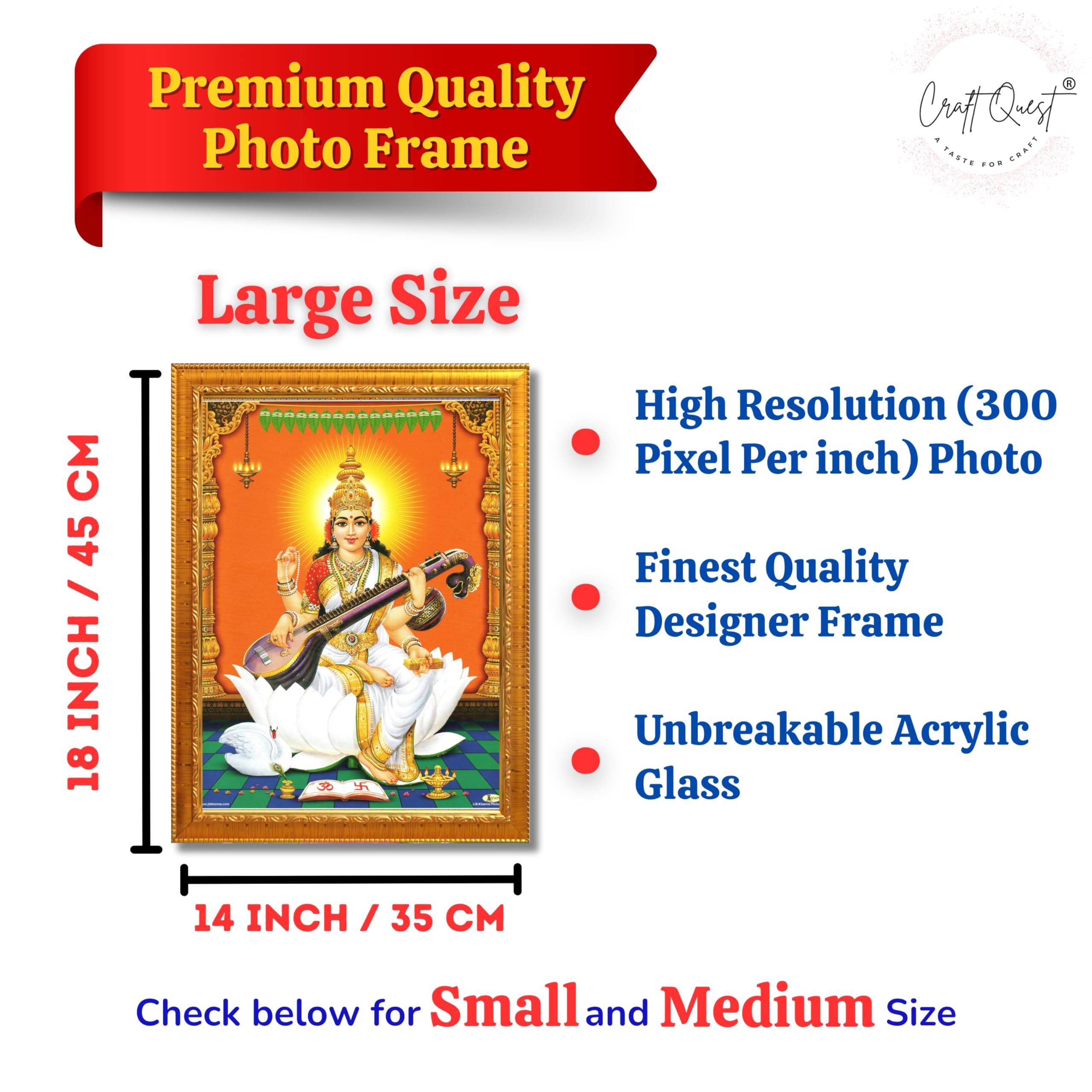 CRAFT QUEST Saraswati Devi Goddess Saraswathi Maa Wall Painting For Home Décor Synthetic wood Framed