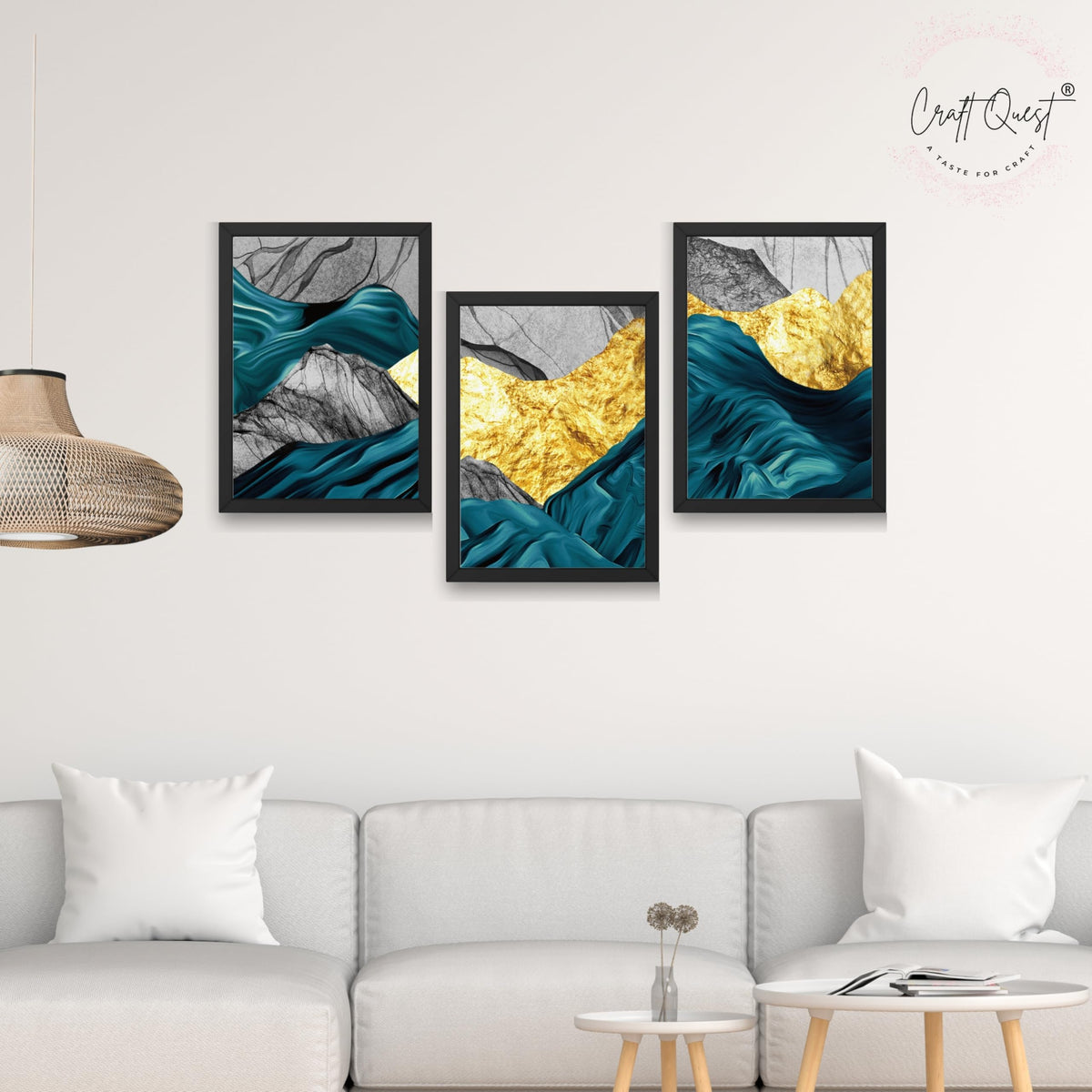 CRAFT QUEST Modern Art Abstract Golden Fashion Wall Art | Set of 3 Frames for Home Decoration | Ideal for Living Room, Bedroom & Offices