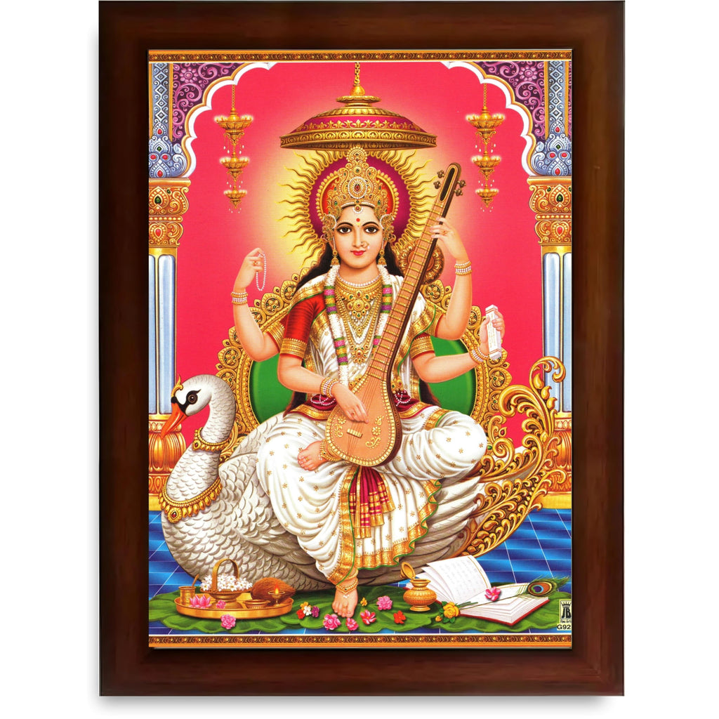 CRAFT QUEST Saraswati Devi Goddess Saraswathi Maa Wall Painting Sparkle Coated Framed Home Décor Synthetic wooden Framed