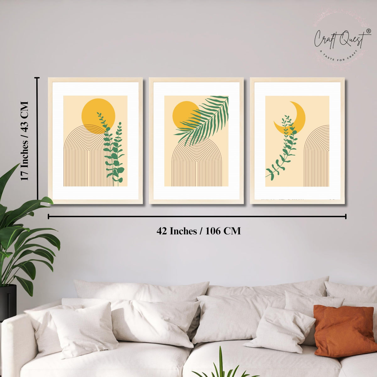 CRAFT QUEST Wall Art Decor Paintings | Set of 3 BOHO Wall Art Frames for Home Decoration | Ideal for Living Room, Bedroom & Office