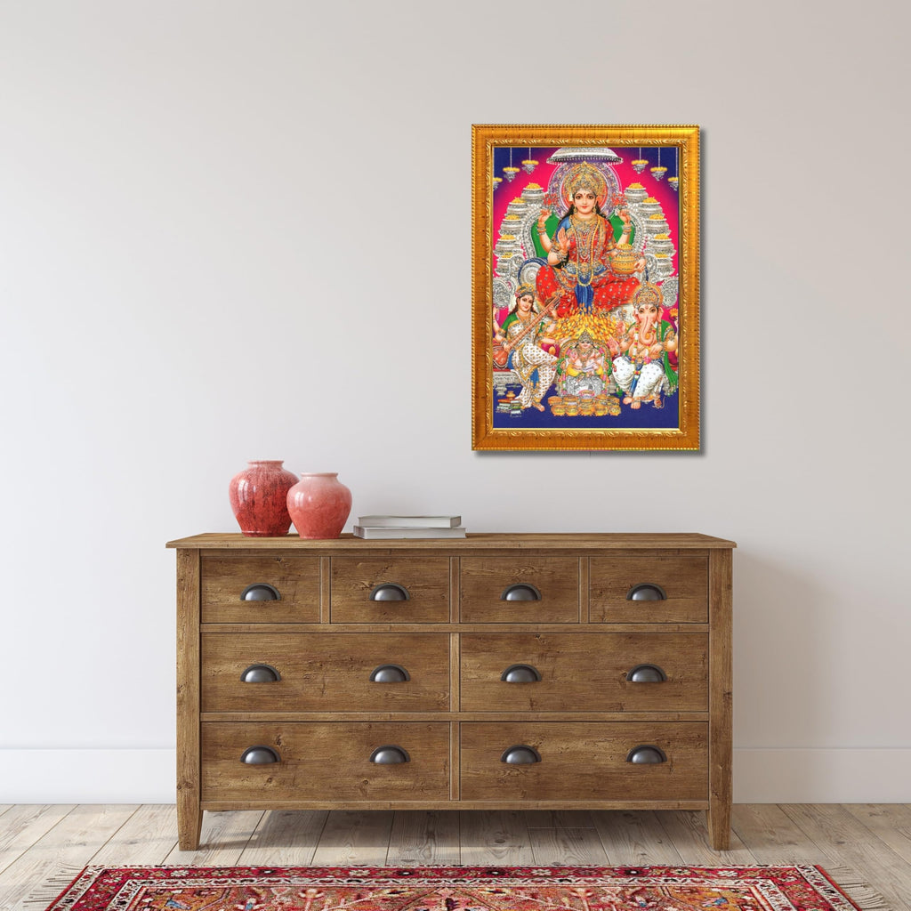 CRAFT QUEST Lord MahaLaxmi Ganesh Saraswati Ji Religious Hindu Photo Frame for Diwali,Wall, Table, Office, Temple, Pooja, Living Room and Decor